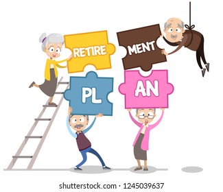 Retirement plan for future poster vector illustration. Two cartoon elderly couple adding puzzle with inscription together. Pension savings and planning concept