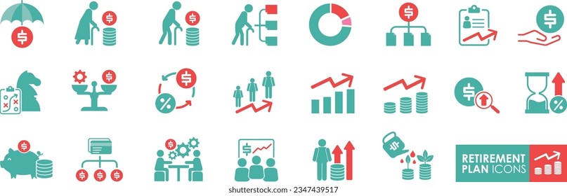 Symbol für Ruhestandsplan festgelegt. Pensionszahlung, Geldeinlage, Vermögensübersicht des Investmentfonds, Vektorgrafik. Solid-Icon-Stil