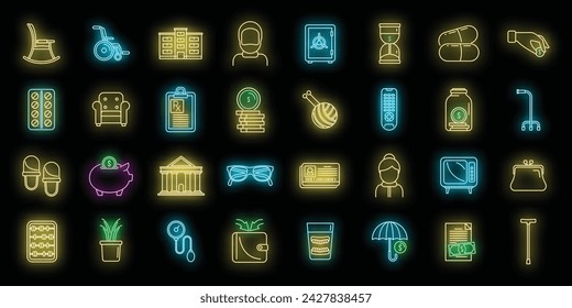 Retirement plan icons set. Outline set of retirement plan vector icons neon color on black
