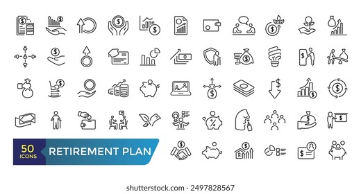 Conjunto de iconos de línea de Plan de jubilación. Pago de pensiones, depósito de dinero, herencia de balance de fondos de inversión. Colección y paquete de iconos lineales de Web y UI. Trazo editable. Ilustración vectorial.