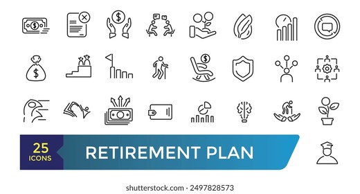 Retirement plan line icons set. Pension payment, money deposit, investment fund balance sheet inheritance. Collection and pack of linear web and ui icons. Editable stroke. Vector illustration.