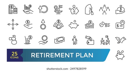 Conjunto de iconos de línea de Plan de jubilación. Pago de pensiones, depósito de dinero, herencia de balance de fondos de inversión. Colección y paquete de iconos lineales de Web y UI. Trazo editable. Ilustración vectorial.