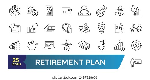 Retirement plan line icons set. Pension payment, money deposit, investment fund balance sheet inheritance. Collection and pack of linear web and ui icons. Editable stroke. Vector illustration.