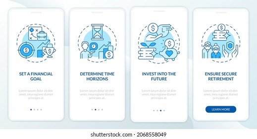 Retirement plan onboarding mobile app page screen. Preparation period for pension walkthrough 4 steps graphic instructions with concepts. UI, UX, GUI vector template with linear color illustrations