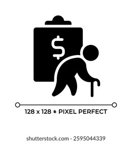 Retirement plan pixel perfect black glyph icon. Financial wellbeing, economics. Pension fund, budget. Senior, elder. Silhouette symbol on white space. Solid pictogram. Vector isolated illustration