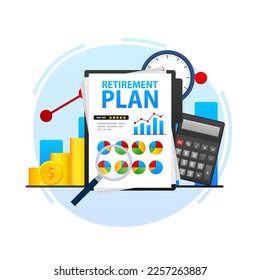 Retirement plan. Saving money for future. Diagrams and charts. Vector illustration.