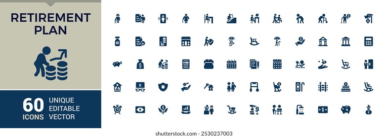 Retirement Plan solid icons set. Related to Savings, Time Management, Assets, Accounting, Property, Insurance and more. Editable filled icons collection. pixel perfect.
