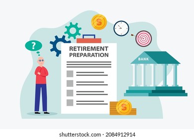 Retirement plan vector concept. Old man looks confused while doing retirement preparation plan