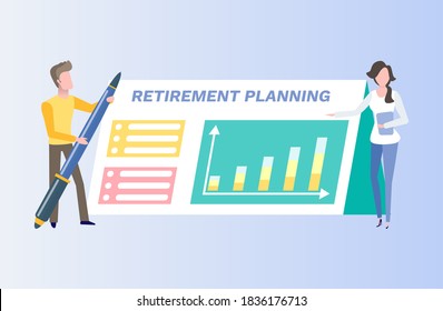 Retirement planing card decorated by chart with arrows, man holding pen and woman, financial management, guidance and pension fund, currency vector