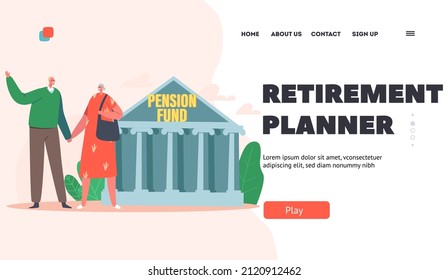 Retirement Planner Landing Page Template. Happy Senior Couple Stand at Pension Fund Building. Old People Saving Money, Characters Personal Finance Program, Invest Service. Cartoon Vector Illustration