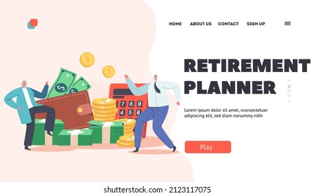 Retirement Planner Landing Page Template. Senior Characters Couple Getting Profit and Celebrating. Old Man and Woman Dancing at Huge Money Pile. Pension Income. Cartoon People Vector Illustration