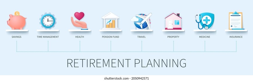 Retirement planning banner with icons. Savings, time management, health, pension fund, travel, property, medicine, insurance icons. Business concept. Web vector infographic in 3D style