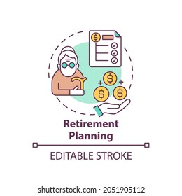 Retirement planning concept icon. Wealth management idea thin line illustration. Retirement income goals determination. Accumulating assets. Vector isolated outline RGB color drawing. Editable stroke