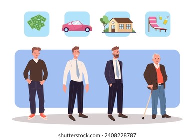 Retirement planning concept. Illustration of man in different ages and with different plans. Money, luxury car, house, rest