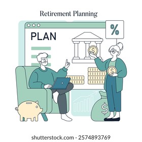 Retirement planning concept. A senior couple reviews financial strategies online for future security. Savings, investment advice, and pension fund management. Vector illustration.