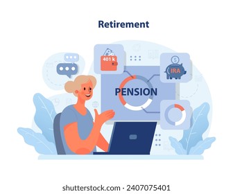 Concepto de planificación de la jubilación. La mujer explora las opciones de pensiones, centrándose en los beneficios de 401k y IRA. Asegurar ahorros futuros. Ilustración vectorial plana.