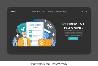 Retirement Planning night or dark mode web or landing page. Securing a prosperous future with detailed retirement strategies and savings plans. Ensuring golden years' comfort. vector illustration.