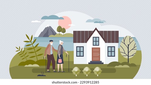 Planificación de la jubilación y seguridad de la edad de jubilación con el concepto de persona diminuta. Casa rural para ilustración vectorial de pareja mayor. Abuela y abuelo viviendo juntos en bienes raíces.