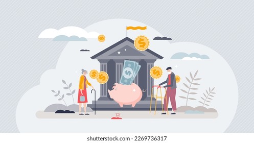 Retirement planning and pension fund saving in bank account tiny person concept. Financial security for seniors with income investment or deposit vector illustration. Wealth insurance for elderly.