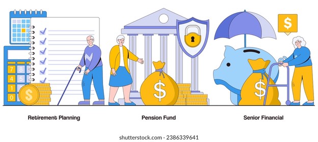 Retirement planning, pension fund, senior financial security concept with character. Retirement savings abstract vector illustration set. Financial independence, retirement goals, golden years.