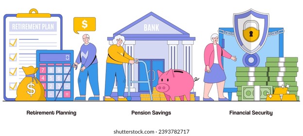 Retirement planning, pension savings, financial security concept with character. Retirement preparation abstract vector illustration set. Retirement goals, financial readiness, golden years metaphor.