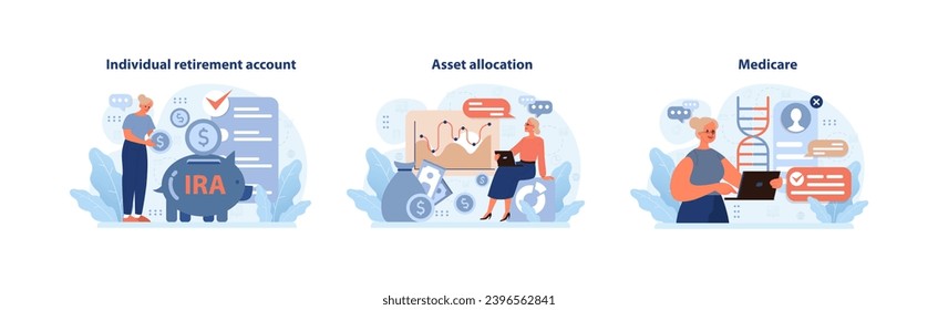 Retirement Planning set. Dive into Individual Retirement Accounts, savvy Asset Allocation, and understanding Medicare. Navigate financial waters for a secure future. Flat vector illustration.