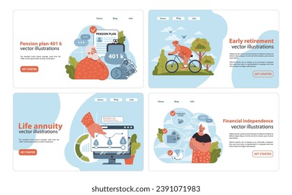 Retirement planning set. Elderly man reviews 401k benefits, enjoys cycling outdoors, monitors life annuity growth, and achieves financial freedom. Smart savings decisions. Flat vector illustration.