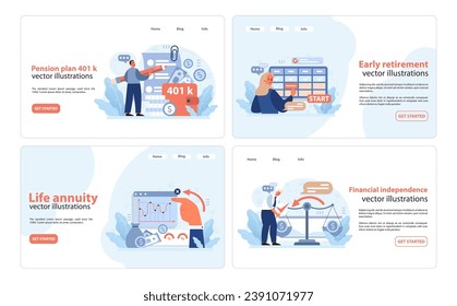 Retirement Planning set. Making sense of 401(k) investments. Charting annuity growth. Navigating early retirement decisions. Achieving financial self-sufficiency. Flat vector illustration.