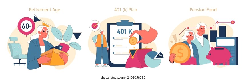 Retirement Planning set. Navigating the golden years with strategic financial planning from 401(k) to pension funds.
