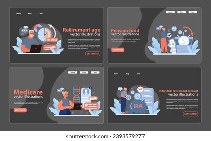 Conjunto de planificación de la jubilación. Prepararse para el futuro, asegurar las finanzas y la salud. Anticipar necesidades médicas, pensiones y crecimiento del ahorro. Navegar por Medicare e IRA. Ilustración vectorial plana.