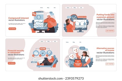 Retirement Planning Toolkit. Maximizing compound interest, contributing to pension funds, ensuring financial peace in retirement, and discovering alternative income sources. Flat vector illustration.