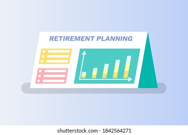 Retirement planning vector, board containing information about pension and ways of saving money, diagrams and charts, info on page flat style flowchart