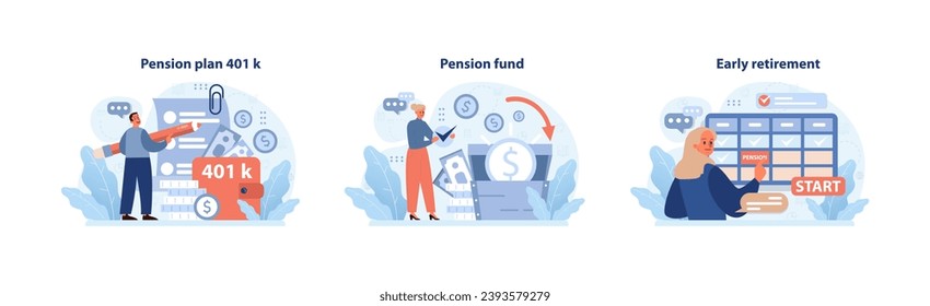 Retirement plans set. Exploring 401k benefits, accumulating pension fund wealth, initiating early retirement. Financial security, future planning. Investment strategy. Flat vector illustration.