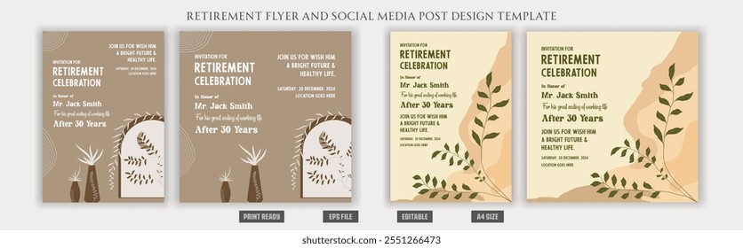 Retirement poster. a4 flyer. celebration invitation set, layout event invitation flyer set, social media post design boho, bohemian, traditional vintage. balloons, editable print ready eps templates.