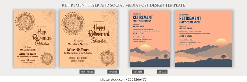 Retirement poster. a4 flyer. celebration invitation set, layout event invitation flyer set, social media post design boho, bohemian, traditional vintage. balloons, editable print ready eps templates.