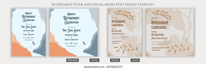 Cartaz de aposentadoria. conjunto de convites de festa de comemoração feliz, layout a4 escudeiro social media post design vintage boêmio estilo folheto folheto impressão pronto limpar modelos naturais.