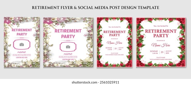 Retirement poster, set of invitation card, bohemian style, print ready social media post and flyer design templates, eps file.