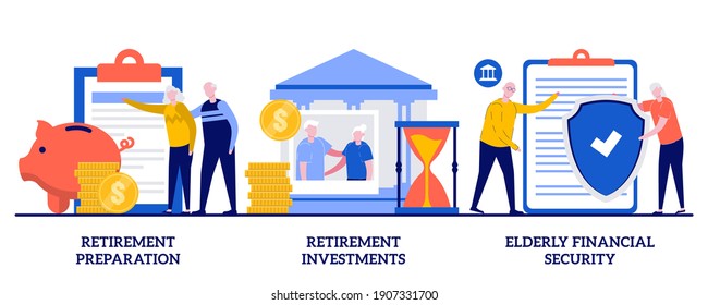 Retirement Preparation, Investments And Elderly Financial Security Concept With Tiny People. Retirement Financial Planning Abstract Vector Illustration Set. Retiree Budget, Pension Account Metaphor.