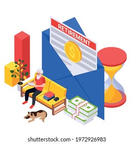 Retirement preparation plan isometric composition with old man sitting on sofa with envelope contract and coin vector illustration