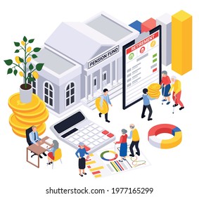 Retirement preparation plan isometric composition with pension fund building and characters of retired persons with graphs vector illustration