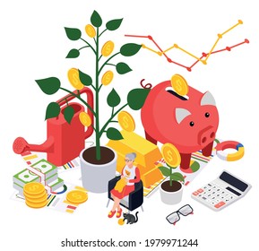 Retirement preparation plan isometric composition with elderly woman sitting next to money tree with piggy bank vector illustration