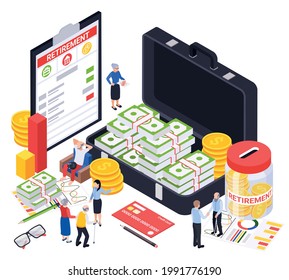 Retirement preparation plan isometric composition with human characters images of contracts and suitcase full of cash vector illustration