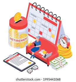 Retirement preparation plan isometric composition with icons of calendar and cash box with old woman character vector illustration