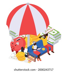 Retirement preparation plan isometric composition with old couple sitting on sofa with cash covered by umbrella vector illustration