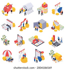 Retirement preparation plan isometric set of isolated money icons contracts calendars with characters of elderly people vector illustration