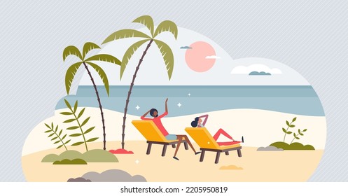 Retirement and retired young couple leisure at beach tiny person concept. Enjoy freedom at tropical resort vector illustration. Getaway rest holiday after work years. Happy characters sitting together