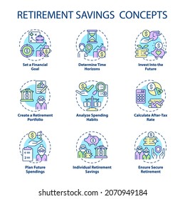 Juego de iconos de concepto de ahorro de jubilación. Invertir en futuras ilustraciones de color de línea delgada de ideas. Gestión del dinero. Cálculo de gastos futuros. Dibujos de contorno aislados por vectores. Trazo editable