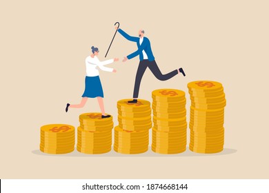 Retirement saving or investment pension fund, planning for wealth and expense for living after retire concept, happy rich elderly couple old man and woman walking on stack of growth money coins saving