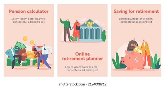 Retirement Savings Cartoon Banners, Senior Male and Female Characters at Pension Fund Building, Old Man and Woman Put Coin into Piggy Bank, Grandparents Celebrating Success. People Vector Illustration