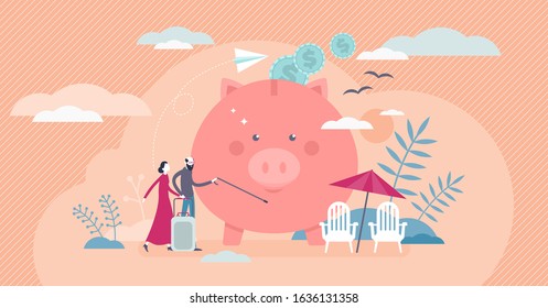 Retirement savings concept, flat tiny persons vector illustration. Elder couple traveling to the vacation destination for leisure time. Stylized piggy bank with cash and beach beds with a sunshade.